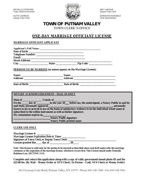 First page of the One-Day Marriage Officiant License Application