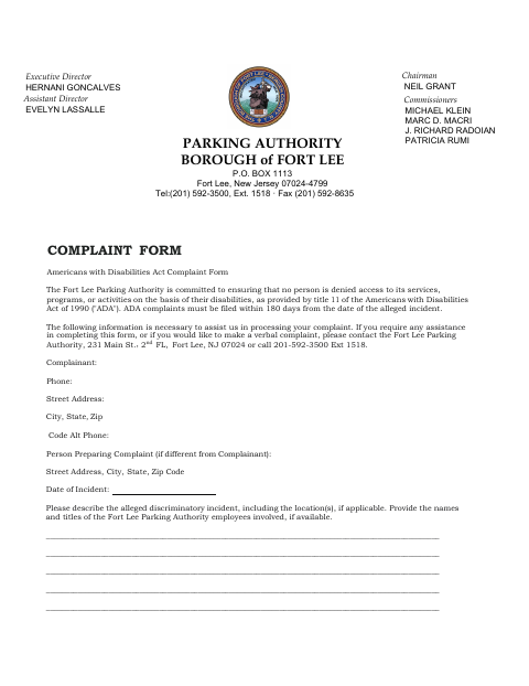 First page of the Americans With Disabilities Act Complaint Form