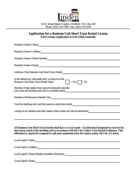 First page of the Business Unit Short Term Rental License Application