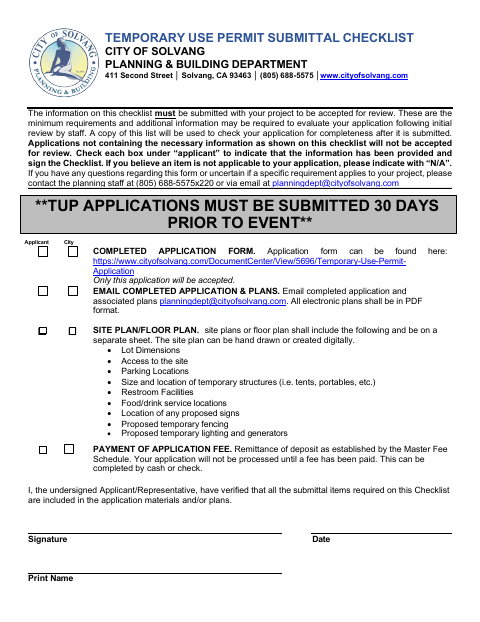 First page of the Temporary Use Permit Submittal Checklist