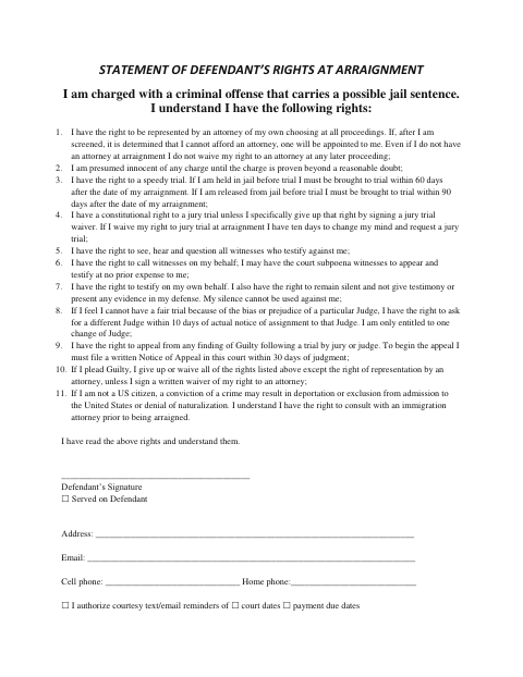 First page of the Statement of Defendant’s Rights at Arraignment