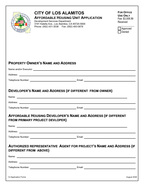 First page of the Affordable Housing Unit Application