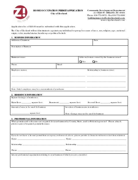 First page of the Home Occupation Permit Application