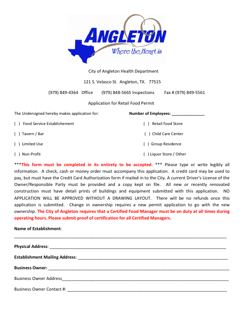 First page of the Application for Retail Food Permit
