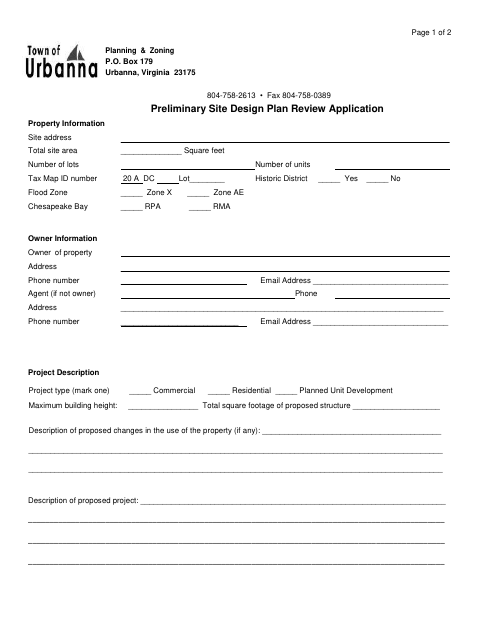 First page of the Preliminary Site Design Plan Review Application
