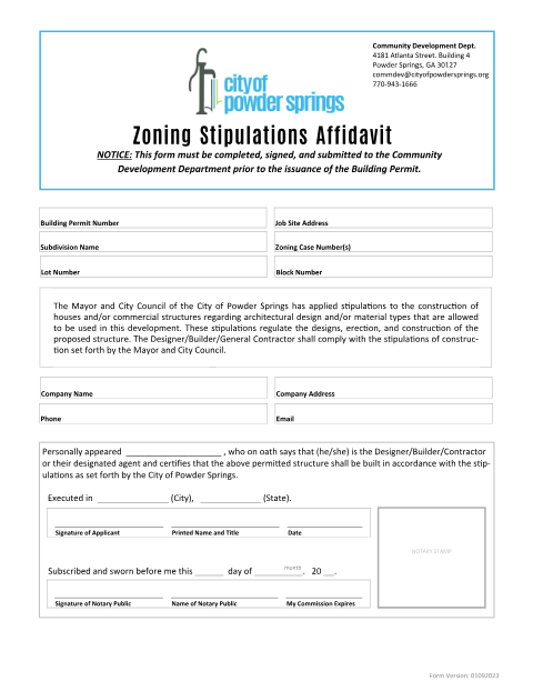 First page of the Zoning Stipulations Affidavit