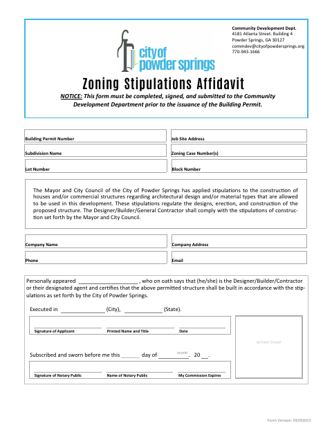 First page of the Zoning Stipulations Affidavit