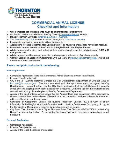 First page of the Commercial Animal License Application