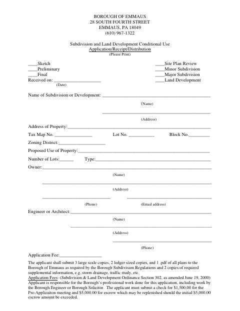 First page of the Subdivision and Land Development Conditional Use Application