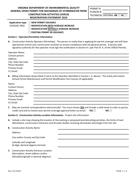 First page of the General VPDES Construction Stormwater Permit Registration Statement