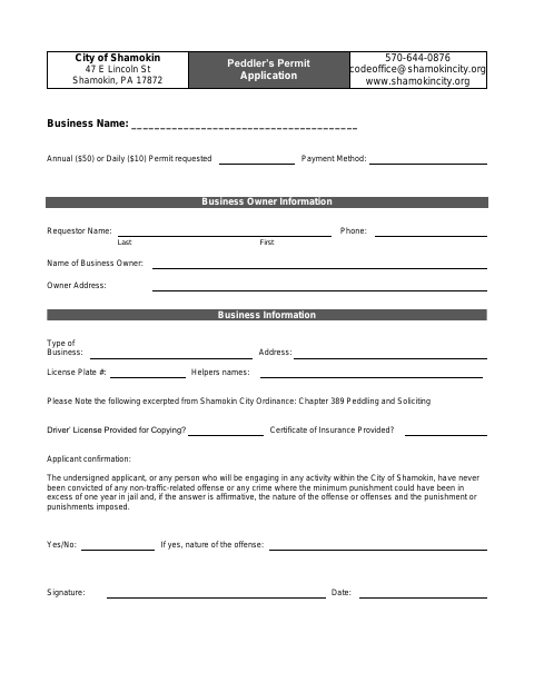 First page of the Peddler’s Permit Application