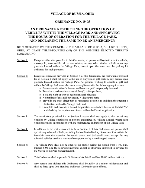 First page of the Golf Cart Village Park Permit Application
