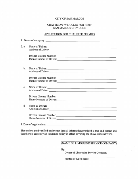 First page of the Limousine Chauffeur Permit Application