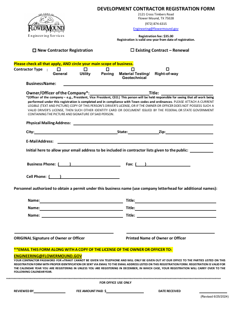 First page of the Development Contractor Registration Form