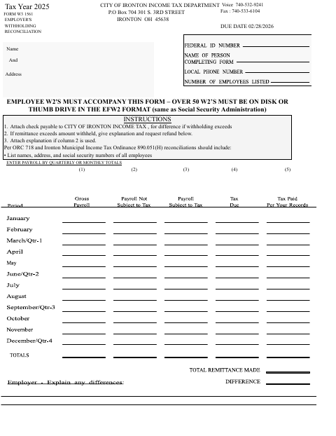 First page of the Employer's Withholding Reconciliation