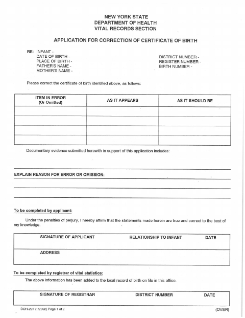 First page of the Birth Record Correction Form