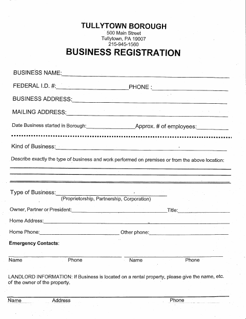 First page of the Business Registration Form