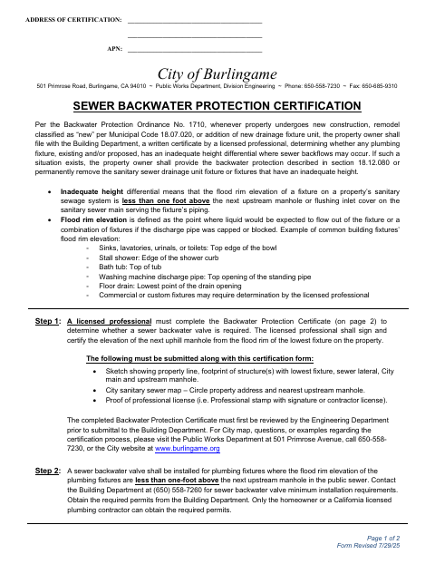 First page of the Sewer Backwater Protection Certification