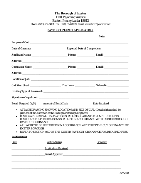 First page of the Pave Cut Permit Application
