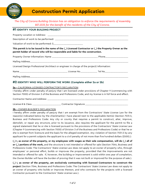 First page of the Construction Permit Application