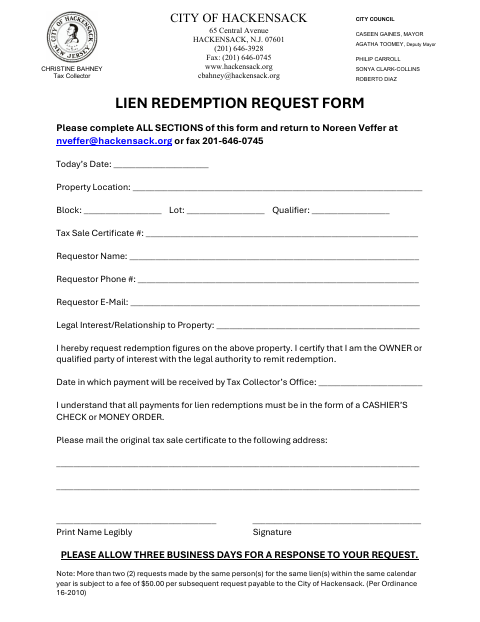 First page of the Lien Redemption Request Form