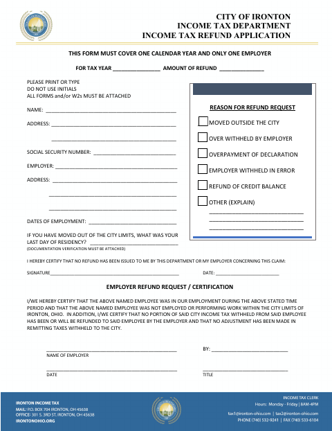 First page of the Income Tax Refund Application