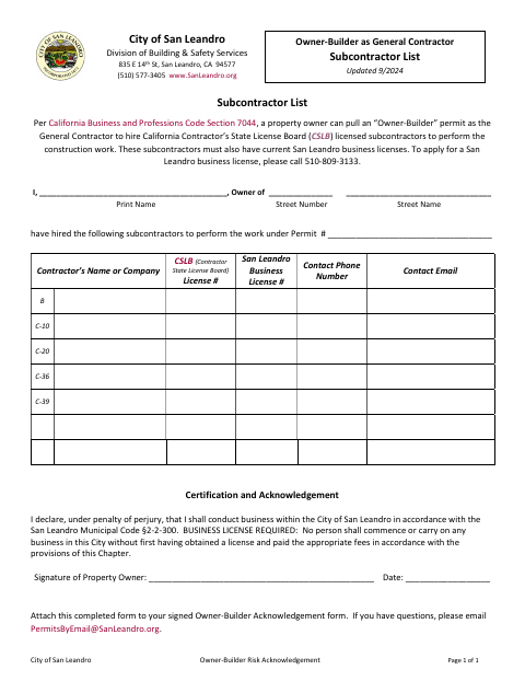 First page of the Owner-Builder Subcontractor List
