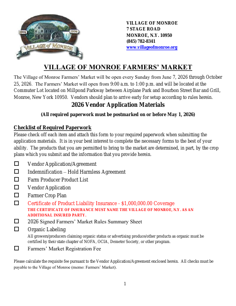 First page of the Farmers’ Market Vendor Application