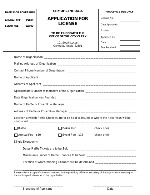 First page of the Raffle and Poker Run Permit Application