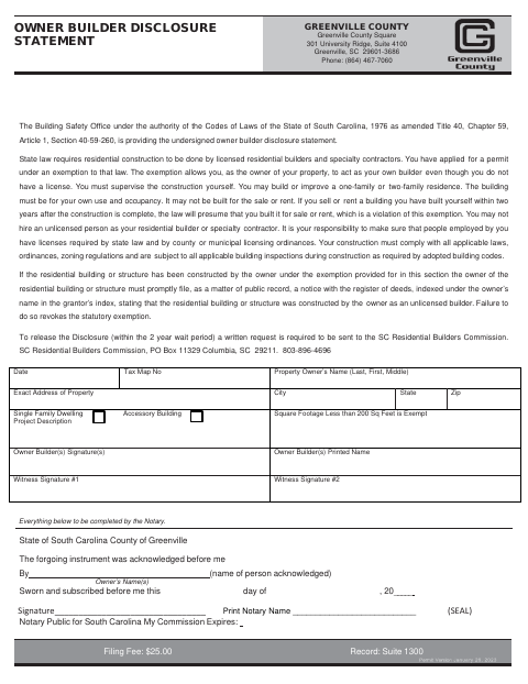 First page of the Owner-Builder Disclosure Statement
