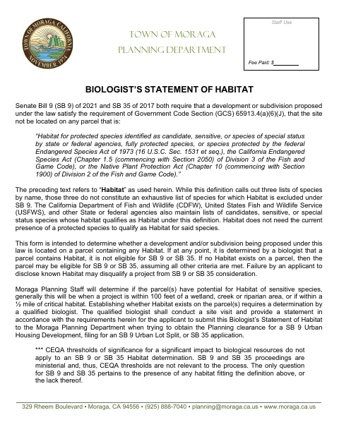 First page of the Biologist’s Statement of Habitat
