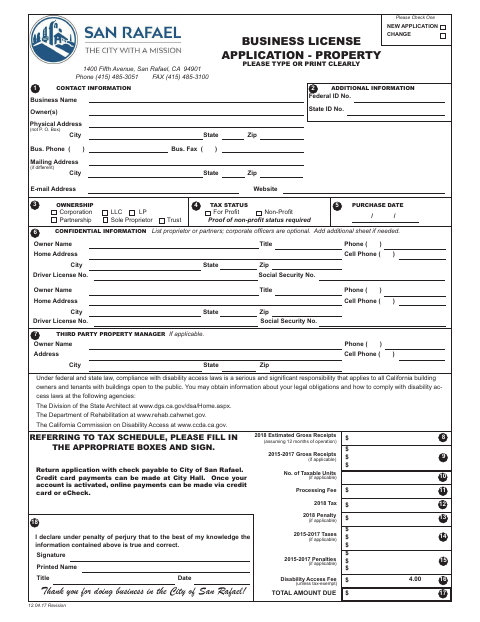 First page of the Business License Application - Property