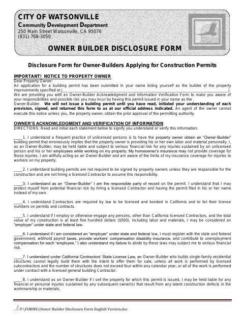 First page of the Owner Builder Disclosure Form