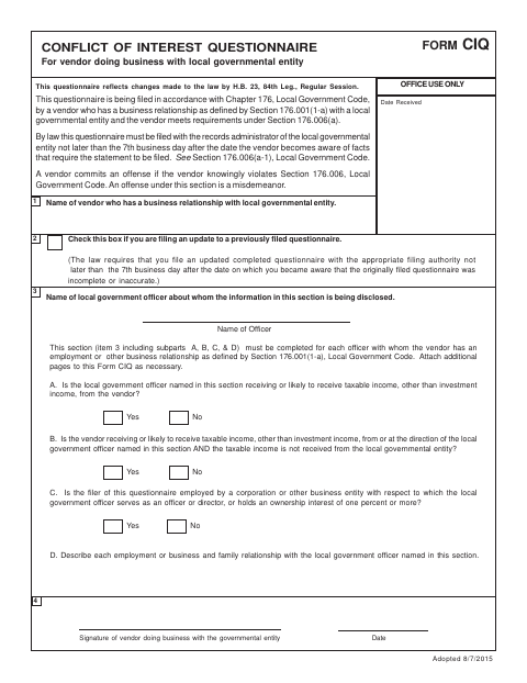 First page of the Conflict of Interest Questionnaire