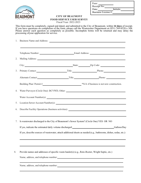 First page of the Food Service User Survey