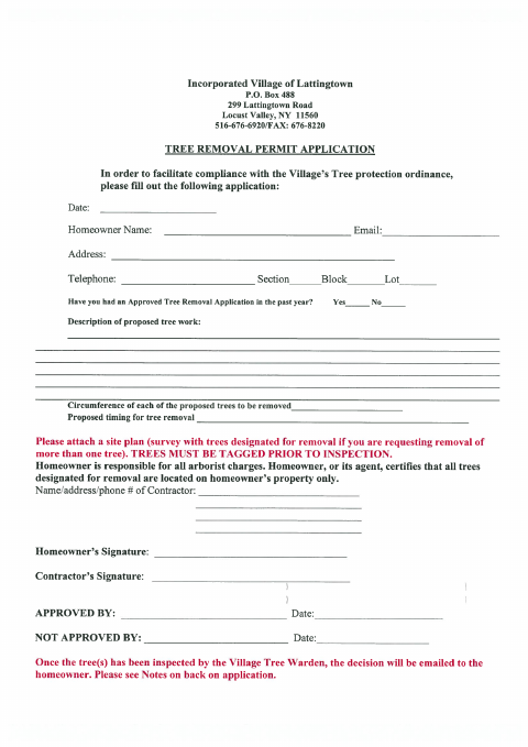 First page of the Tree Removal Permit Application