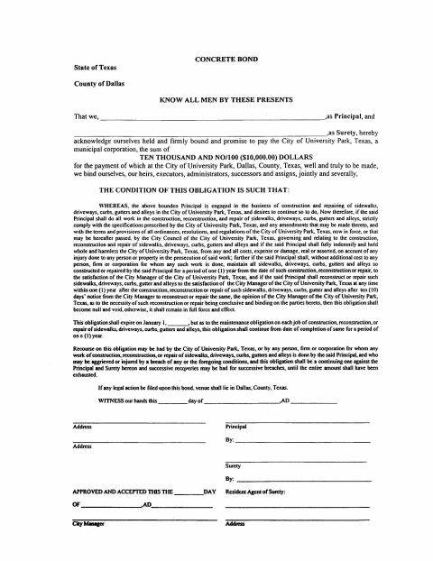 First page of the Concrete Bond Form