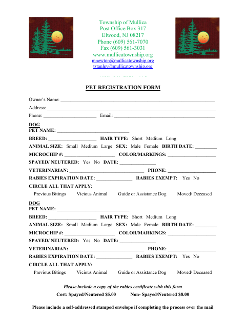 First page of the Pet Registration Form