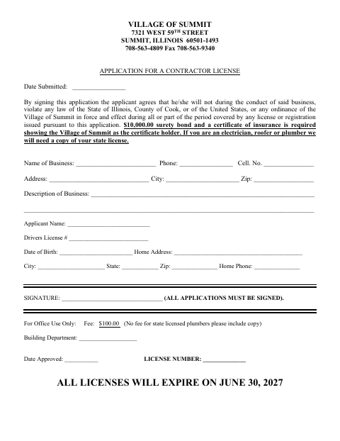 First page of the Application for a Contractor License