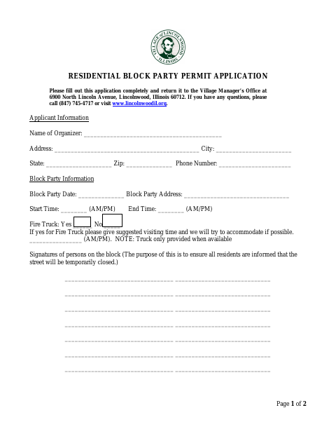 First page of the Residential Block Party Permit Application