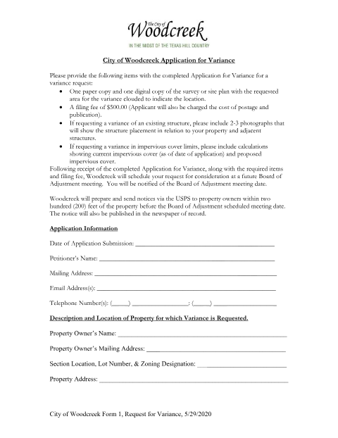 First page of the Application for Variance