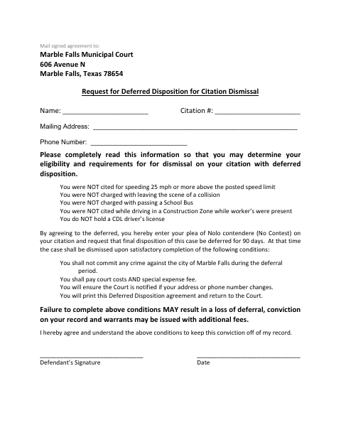 First page of the Request for Deferred Disposition for Citation Dismissal