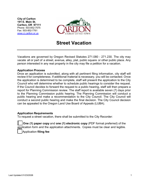 First page of the Street Vacation Application