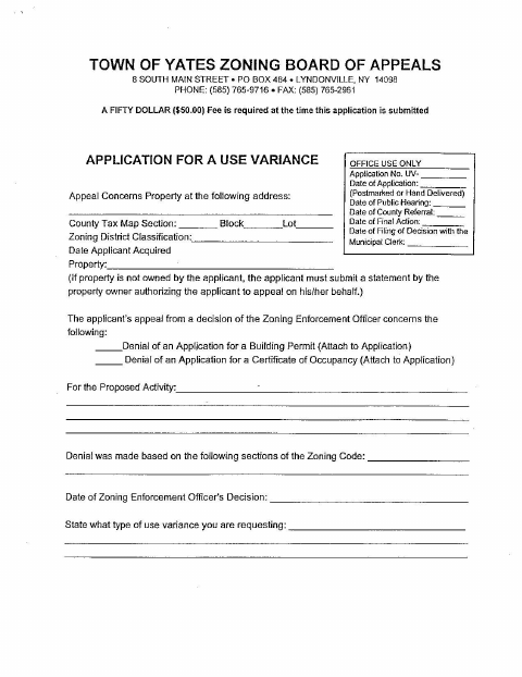 First page of the Zoning Board of Appeals Application for a Use Variance