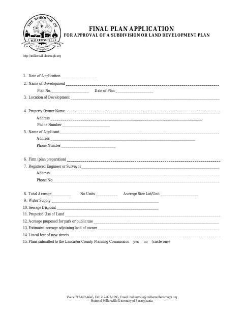 First page of the Final Plan Application for Approval of a Subdivision or Land Development Plan