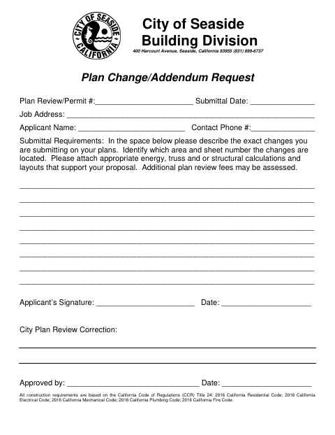First page of the Plan Change/Addendum Request