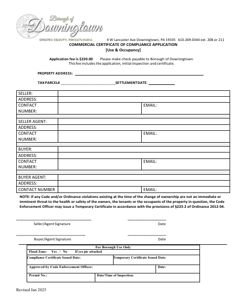 First page of the Commercial Certificate of Compliance Application