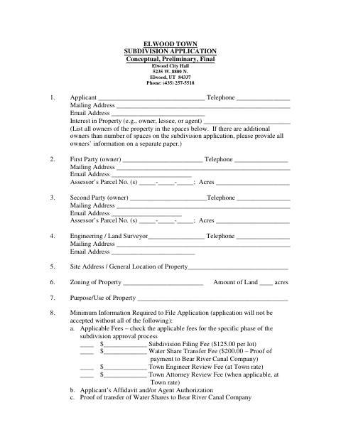 First page of the Subdivision Application