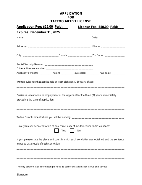 First page of the Tattoo Artist License Application