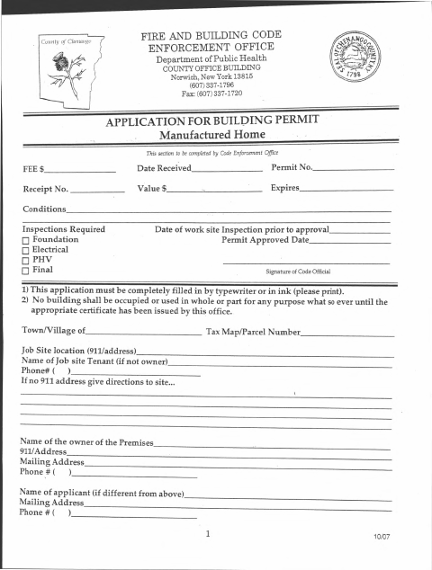 First page of the Application for Building Permit Manufactured Home